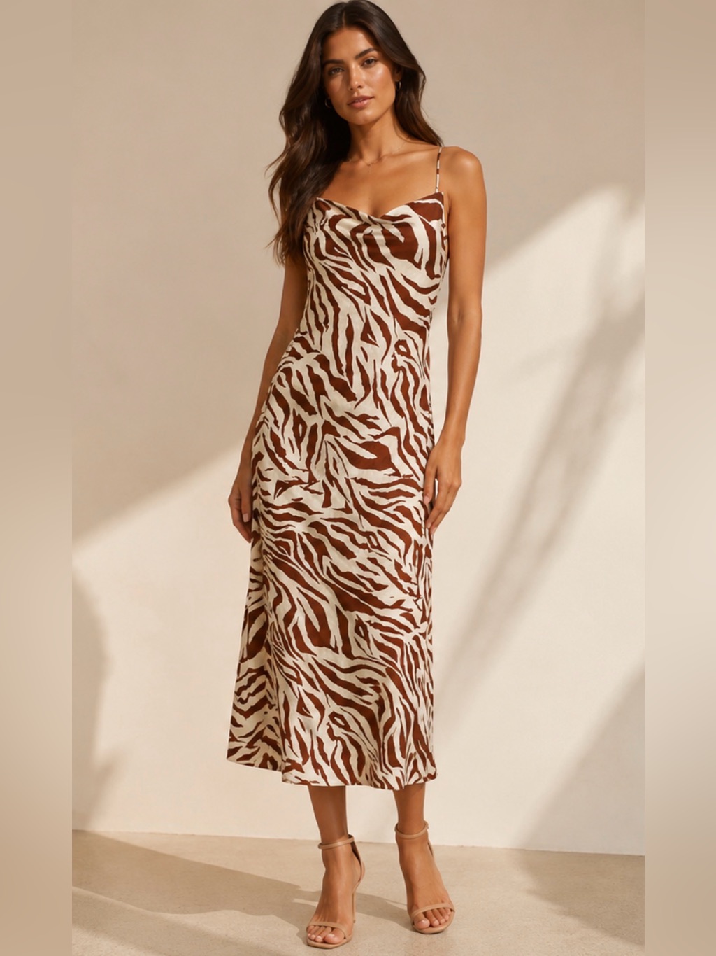 Sleeveless Brown Zebra Print Slip Midi Dress With Crisscross Back Sm